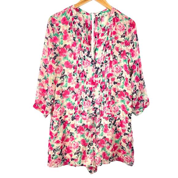 Joie | Silk Romper Floral Shorts Small Pink Cream Green - Picture 2 of 12